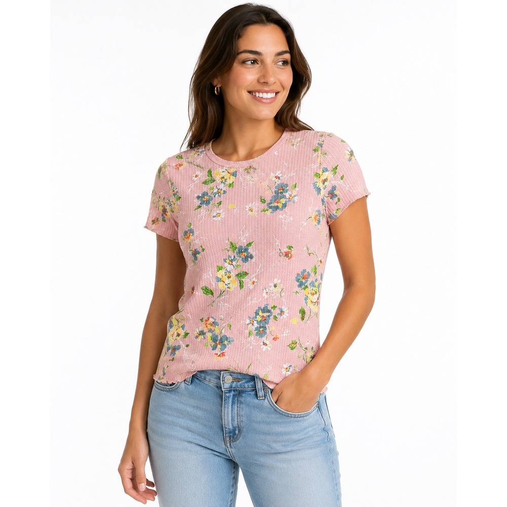 Polo Ralph Lauren Pink Floral Ribbed Pointelle Lettuce Edge Top L NWT